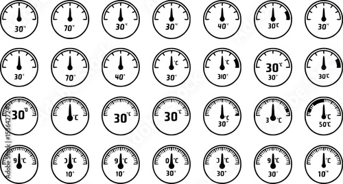 Thermostat ui icons set. Set of simple black round icons showing different temperatures in celsius and fahrenheit, ideal for representing temperature control in various contexts