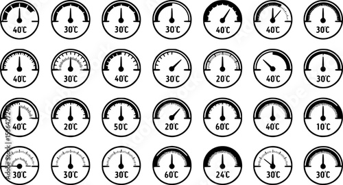 Thermostat ui icons set. Set of simple black round icons showing different temperatures in celsius and fahrenheit, ideal for representing temperature control in various contexts