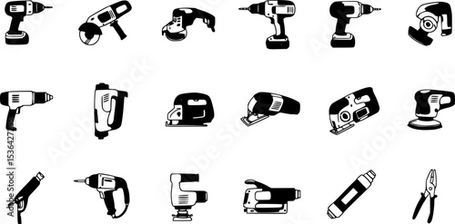 Electric sanding machine icons set. Different polishing machine icons represent various types of polishers, ideal for illustrating car detailing, woodworking, metalworking, and floor maintenance