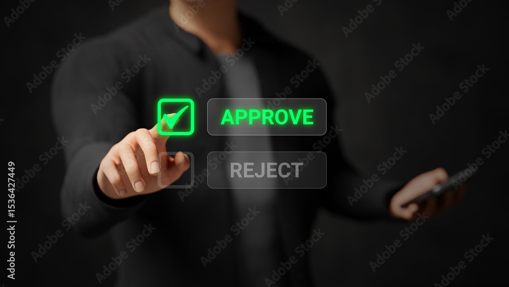 Business approval, accepted, decision making, certification, business management review. Ensuring quality control and ISO certification. Businessman touching approve on virtual screen. 3D illustration Business approval, accepted, decision making, certification, business management review. Ensuring quality control and ISO certification. Businessman touching approve on virtual screen. 3D illustration