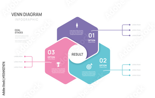Venn diagram infographic chart template for business 3 options presentation with icon elements vector illustration.