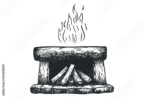 Hand-drawn vintage fireplace with burning firewood in rustic style. Vector retro hand drawn illustration