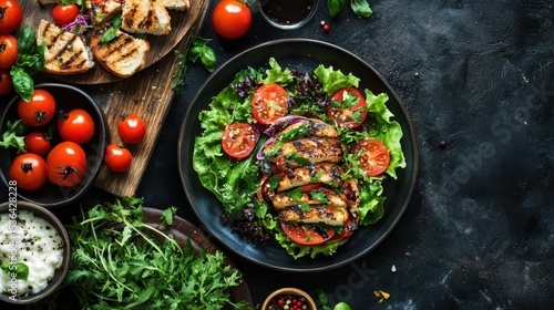 Wallpaper Mural Grilled chicken salad with tomatoes and greens on a black plate. Perfect for illustrating healthy eating, food blogs, or recipe promotions. Torontodigital.ca