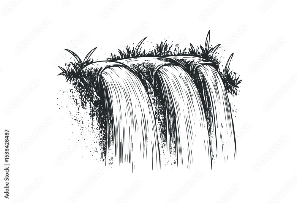 Obraz premium Sketch of a waterfall with lush foliage and cascading streams. Vector retro hand drawn illustration