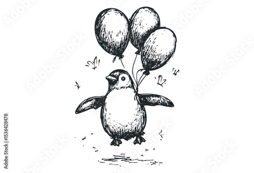 Sketch of a happy penguin flying with balloons. Vector retro hand drawn illustration