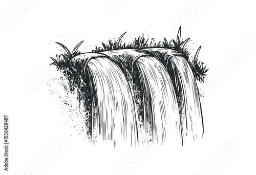 Sketch of a waterfall with lush foliage and cascading streams. Vector retro hand drawn illustration