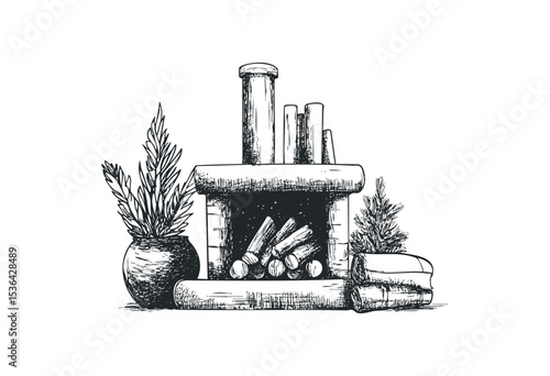 Hand-drawn fireplace with logs and plants. Vector retro hand drawn illustration