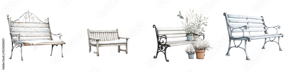 Assortment of classic outdoor benches and seating in a garden setting Assortment of classic outdoor benches and seating in a garden setting