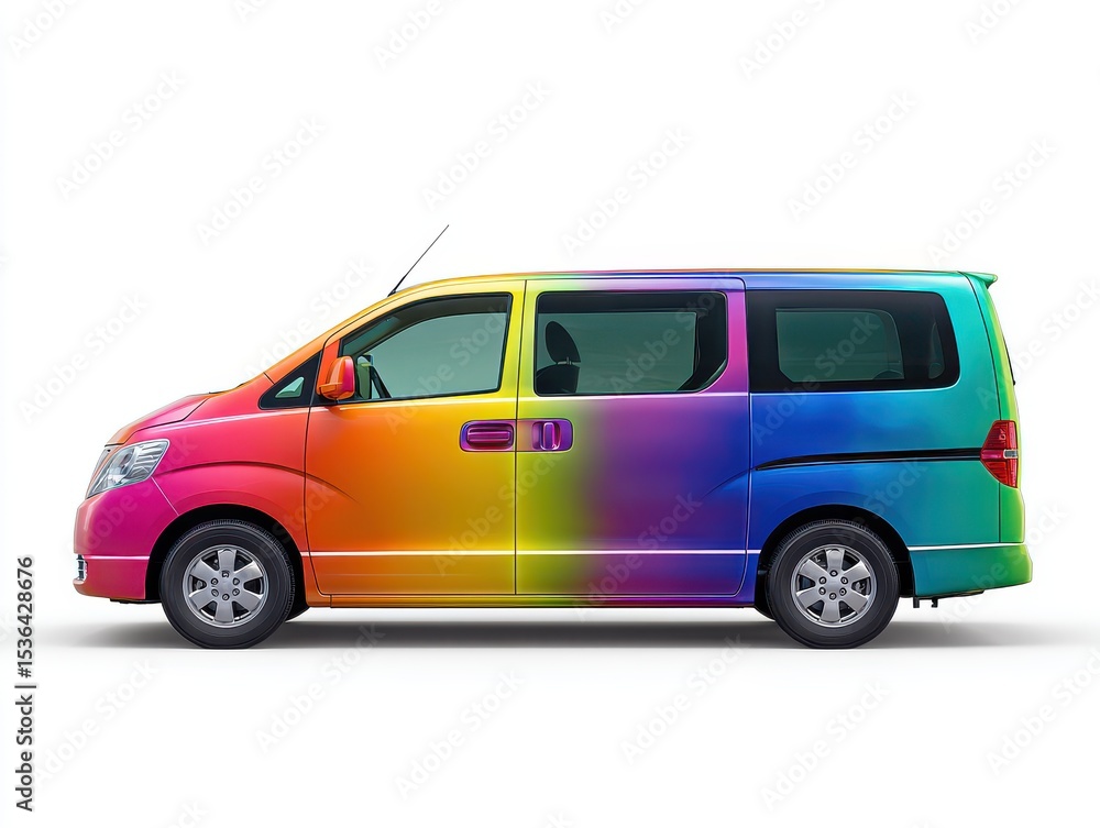 Fototapeta premium Vibrant Rainbow Minivan on White Background
