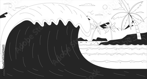 Large ocean wave crashing near tropical beach line illustration backdrop. Sea paradise. Surf style. Seascape coast sandy desert island 2D ink outline monochrome lo-fi background. Lineart vector