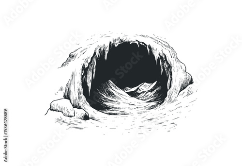 Monochrome ice cave illustration with stalactites and mountain view. Vector retro hand drawn illustration