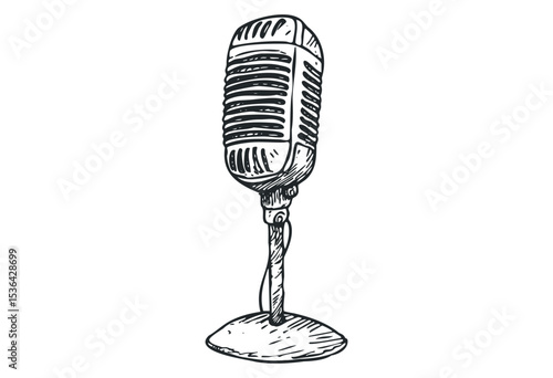 Vintage microphone sketch of retro classic audio equipment on stand. Vector retro hand drawn illustration