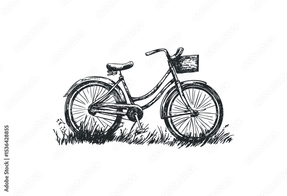 Fototapeta premium Vintage bicycle sketch with basket on grass. Vector retro hand drawn illustration