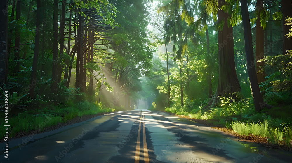 Obraz premium Serene Sunlit Forest Paths: Morning Light Filtering Through Lush Canopies