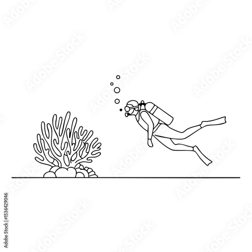 Line Art Diver Near Coral Reef, Isolated Vector
