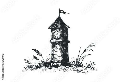 Vintage clock tower illustration with architectural detailing in grassy field. Vector retro hand drawn illustration