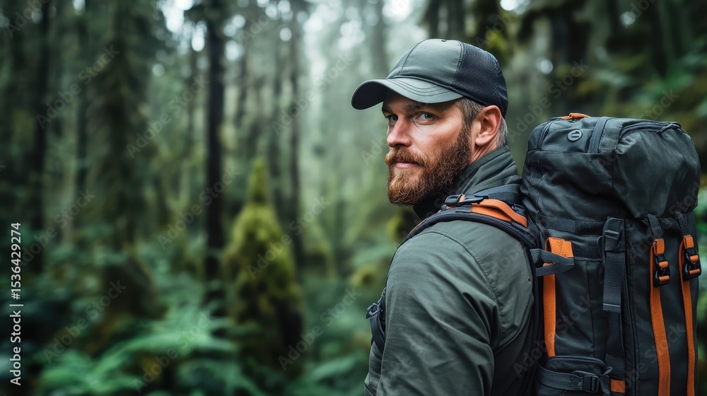 A rugged outdoor enthusiast stands confidently in a dense forest, equipped with a backpack and cap, embodying the spirit of adventure and exploration in nature's beauty. A rugged outdoor enthusiast stands confidently in a dense forest, equipped with a backpack and cap, embodying the spirit of adventure and exploration in nature's beauty.