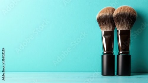 This image features two elegant makeup brushes resting on a vibrant turquoise background, emphasizing their soft bristles and professional quality aesthetic.