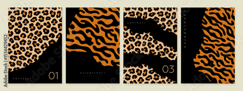 Abstract modern poster, cover, greeting card or flyer design template with leopard and tiger texture. Simple banner collection with wild animal skin background. Vector illustration