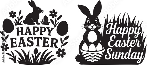 Happy Easter Bunny & Eggs - Festive Holiday Black Clipart
