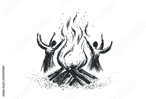Silhouettes of two women dancing around bonfire flames in grunge style art. Vector retro hand drawn illustration