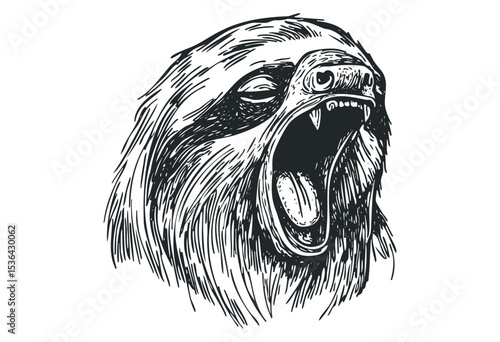 Detailed illustration of a yawning sloth with open mouth and teeth. Vector retro hand drawn illustration