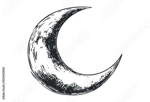 Hand-drawn crescent moon sketch with detailed shading. Vector retro hand drawn illustration