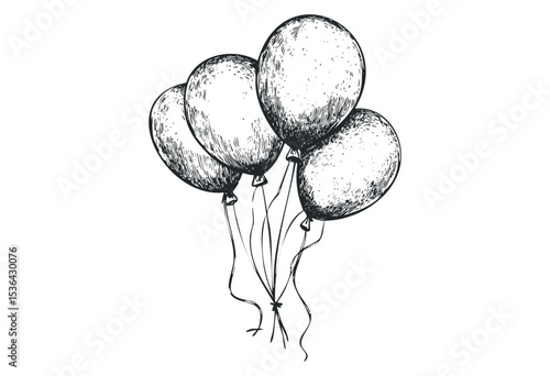Vintage hand-drawn balloons: elegant sketch of five party balloons. Vector retro hand drawn illustration
