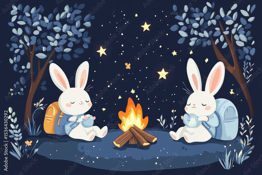 Obraz premium tiny bunnies with backpacks and campfires, sleeping under the stars, kawaii vector style