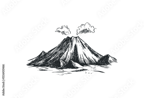 Detailed illustration of a volcanic eruption with smoke and lava flow. Vector retro hand drawn illustration