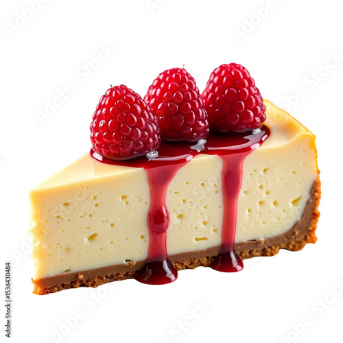 A slice of cheesecake with raspberries and red sauce on top view isolated on transparent background
