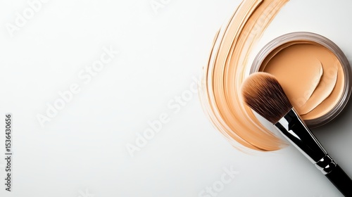 An artistic arrangement of a makeup brush and creamy foundation, showcasing beauty essentials on a clean, minimalistic white background, emphasizing elegance and aesthetics.