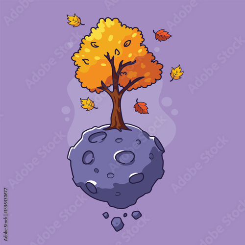 Illustration of a tree on a asteroid with falling autumn leaves.