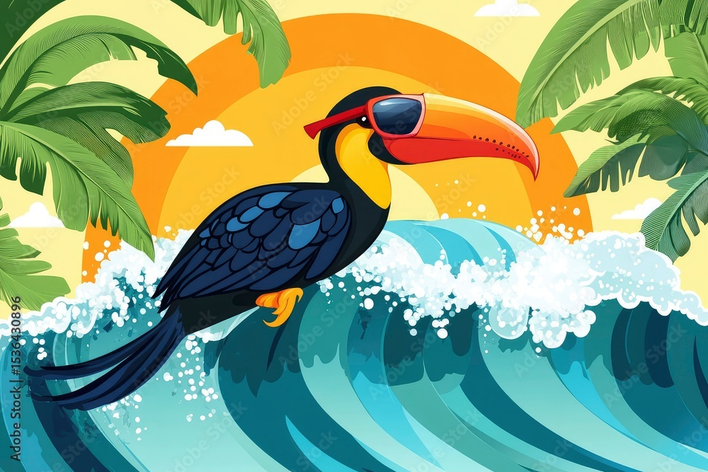 Fototapeta premium toucan surfing on wave with sunglasses, tropical summer vector cartoon