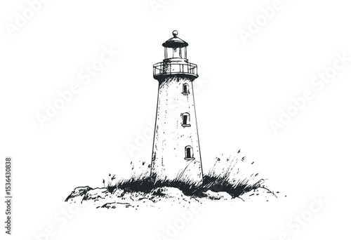 Illustrated lighthouse on rocky shore with grasses in black and white. Vector retro hand drawn illustration