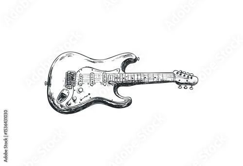 Hand-drawn electric guitar illustration with detailed features. Vector retro hand drawn illustration