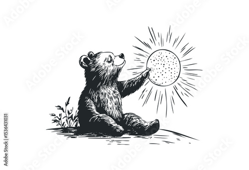 Illustration of a bear cub sitting and touching a glowing sun. Vector retro hand drawn illustration