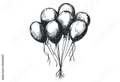 Sketch of nine balloons with strings in ink style. Vector retro hand drawn illustration