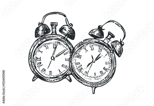 Vintage dual alarm clocks illustration with roman numerals and bells. Vector retro hand drawn illustration