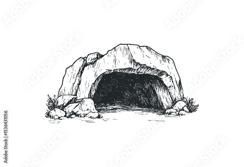 Hand-drawn cave entrance with rocks and vegetation. Vector retro hand drawn illustration