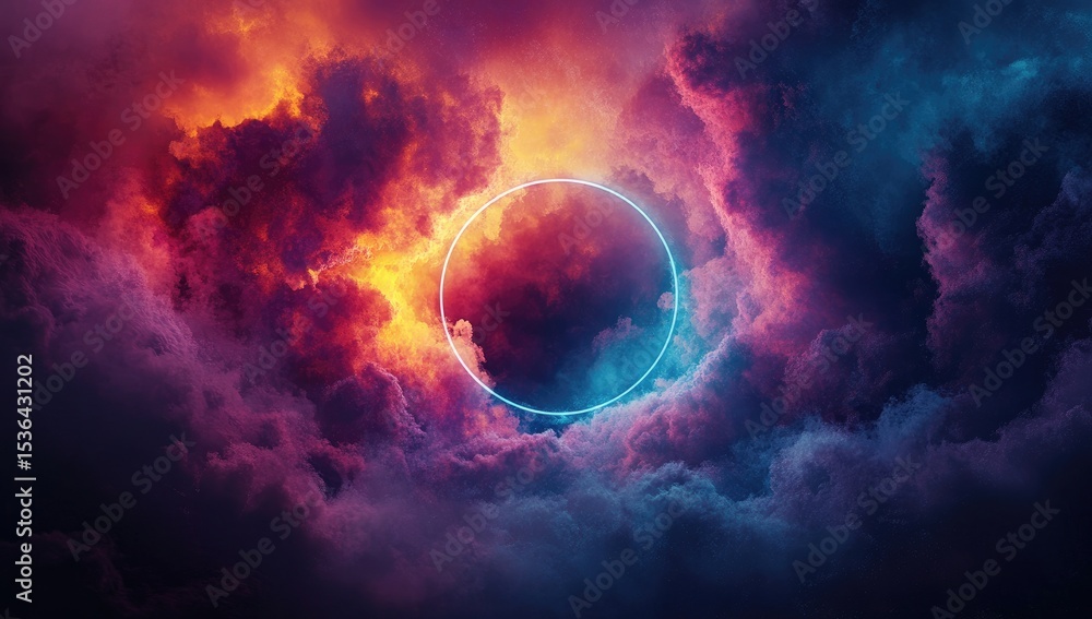 Obraz premium A vibrant, circular neon ring floats amidst swirling, stormy clouds