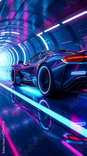 Futuristic sports car speeding through neon lit tunnel