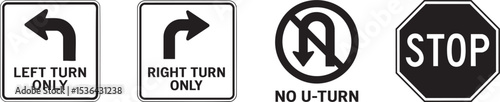 Printable Black and White Road Signs: Turns, Stops, U-Turns
