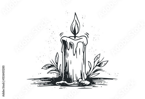 Hand-drawn scented candle with leaves and soft wax drippings. Vector retro hand drawn illustration