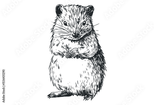 Detailed sketch of standing hamster with folded paws. Vector retro hand drawn illustration