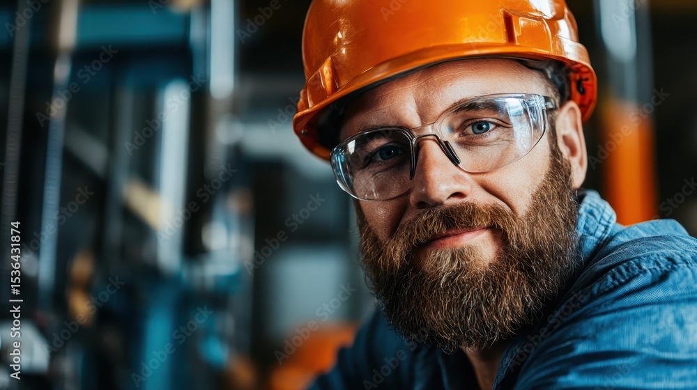 A smiling construction worker wearing a hard hat and safety glasses, representing professionalism, hard work, and dedication to safety in the workplace environment. A smiling construction worker wearing a hard hat and safety glasses, representing professionalism, hard work, and dedication to safety in the workplace environment.