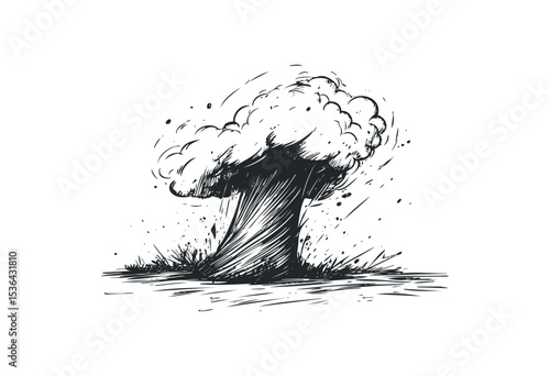 Hand-drawn sketch of an exploding mushroom cloud with intense details. Vector retro hand drawn illustration