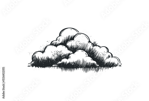 Sketch of fluffy cumulus clouds in ink style. Vector retro hand drawn illustration
