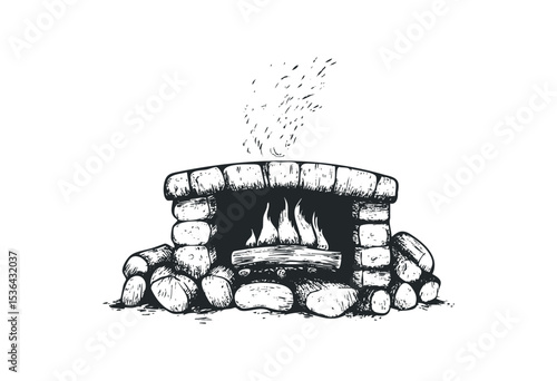 Rustic stone fireplace with burning logs in hand-drawn style. Vector retro hand drawn illustration