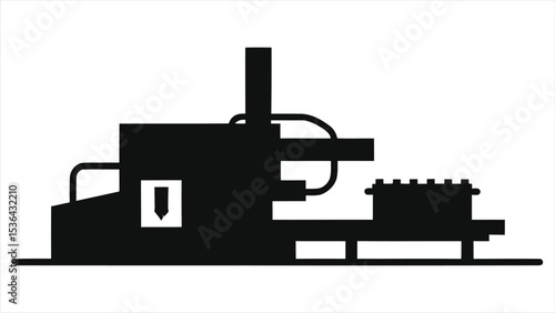 (Packaging Machine)Industrial beverage bottling plant vector silhouette graphic/Simple, black silhouette of a beverage bottling plant.